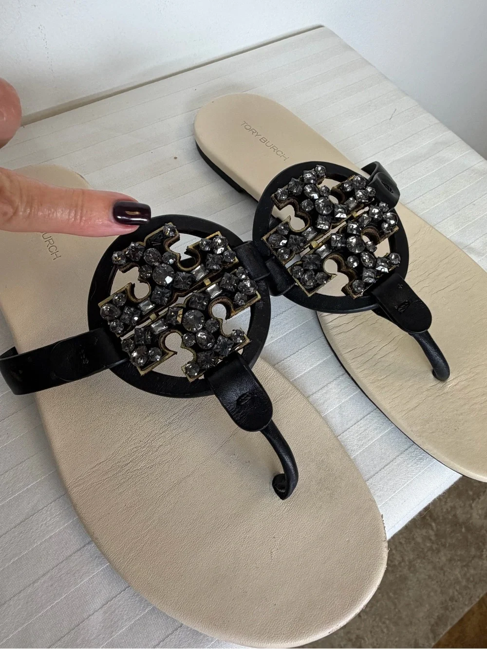Tory Burch ‘Miller’ Crystal Embellished Iconic Logo Soft Sandals Women’s Size 8